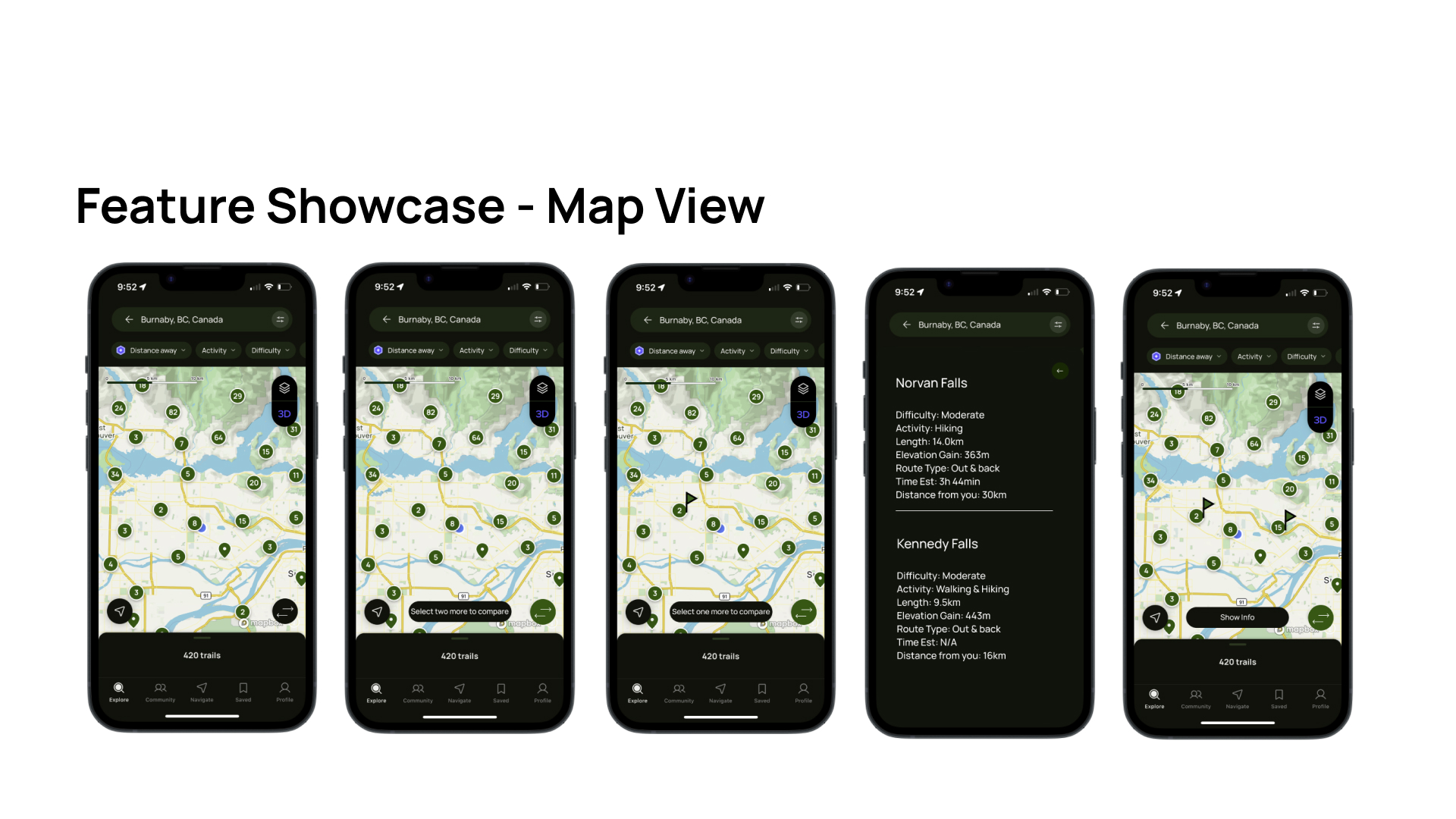 Image showcasing trail comparison features added to the AllTrails app map view
